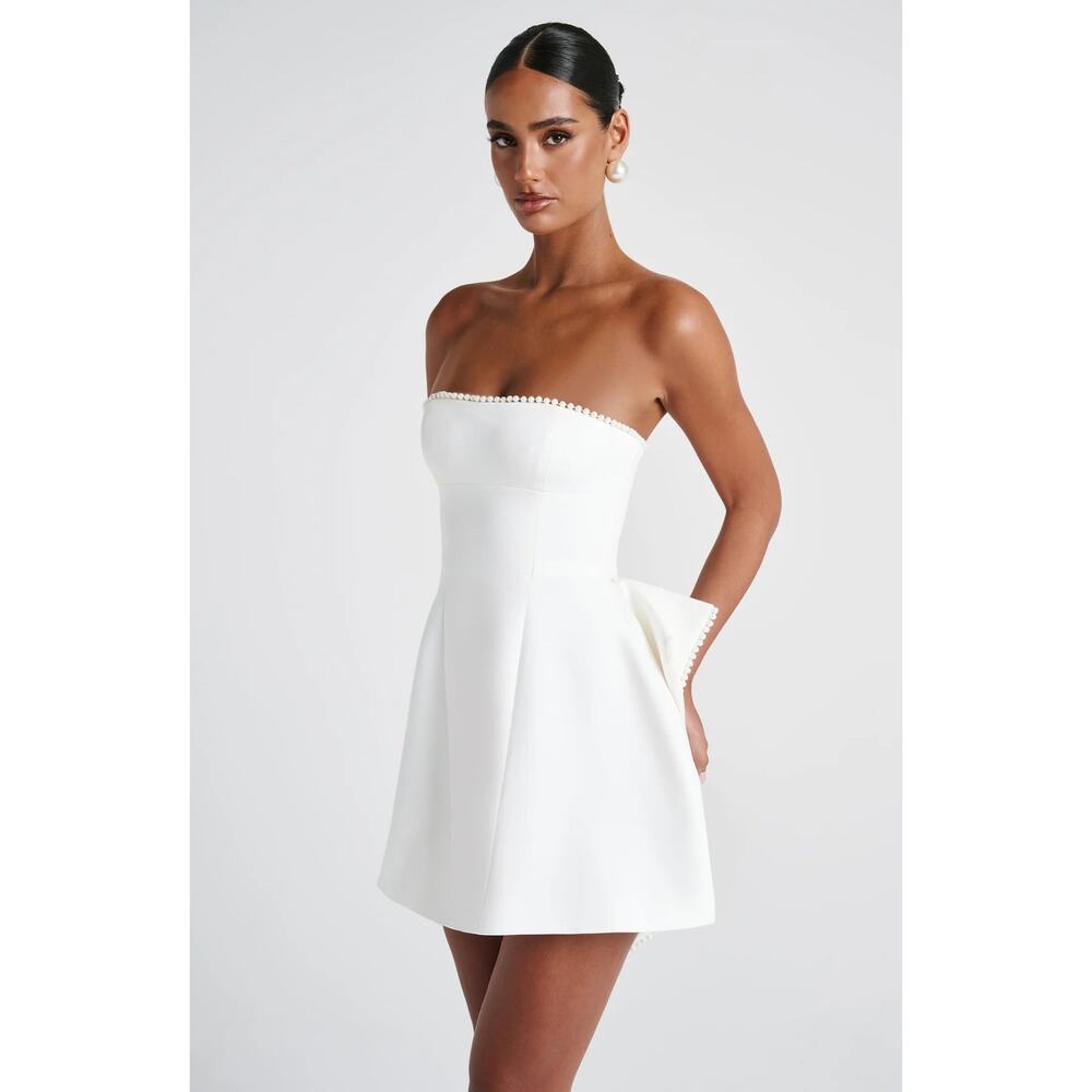 NWT Babyboo Suni Ivory Bow Pearl Trim Strapless Cocktail Mini Dress Women Size M - Picture 8 of 16